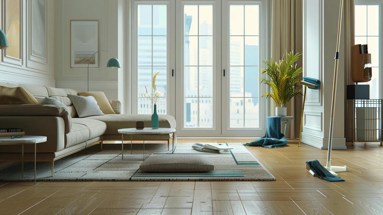 a pristine, modern living room showcases a professional cleaning service at work, with gleaming surfaces and organized spaces, highlighting the transformation achieved through expert care and efficiency.
