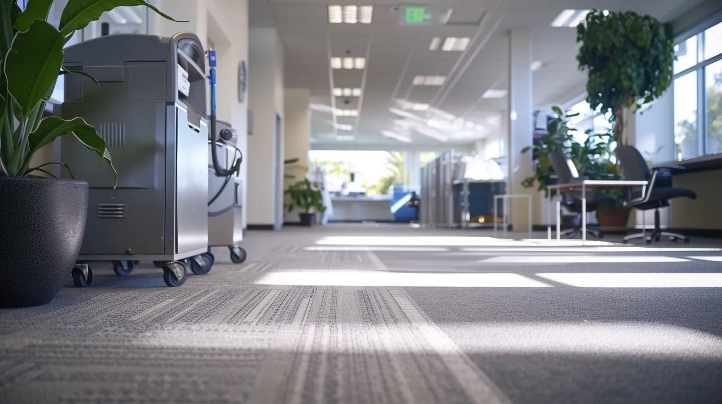 a pristine, professional carpet cleaning setup showcases advanced industrial equipment and cleaning agents in a bright, modern office space, emphasizing the transformation of deeply soiled carpets into vibrant, fresh surfaces.