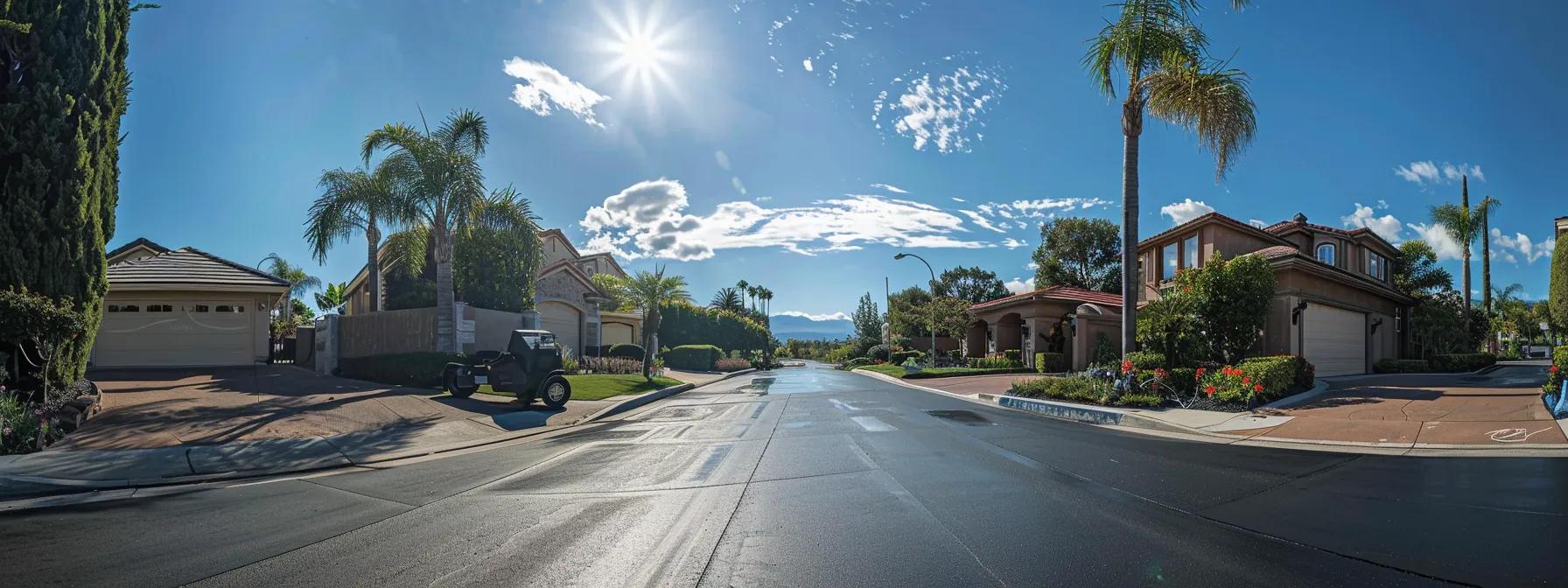 a pristine residential asphalt driveway in san diego showcasing a homeowner applying sealcoat, with an organized toolbox nearby and a clear blue sky overhead, emphasizes the importance of regular maintenance for longevity and aesthetics.