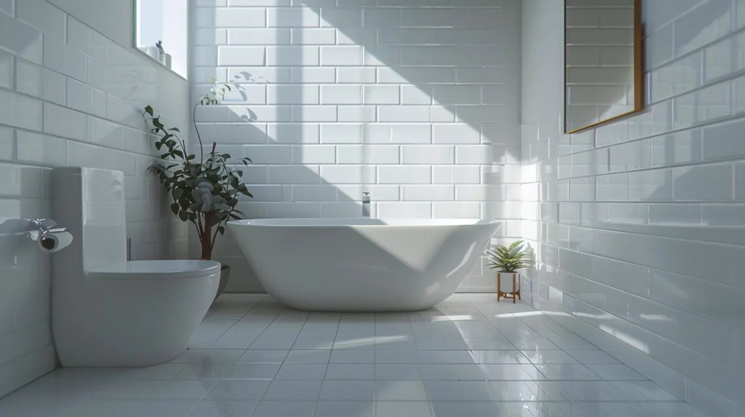 a pristine, well-lit bathroom showcases beautifully grouted, sparkling white tiles, emphasizing the immaculate finish achieved through meticulous cleaning methods.