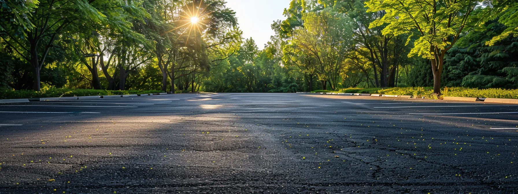 a pristine, well-maintained asphalt parking lot glimmers under bright sunlight, showcasing a stark contrast between clean, dark asphalt and lush greenery along the edges, emphasizing the importance of regular upkeep and care.