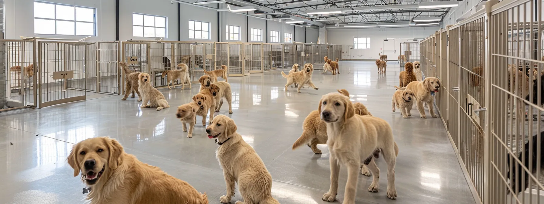 a pristine, well-organized dog boarding facility showcases spacious, sanitized kennels with cheerful golden retrievers and doodles interacting inside, under bright, artificial lighting that highlights the cleanliness and safety of their environment.