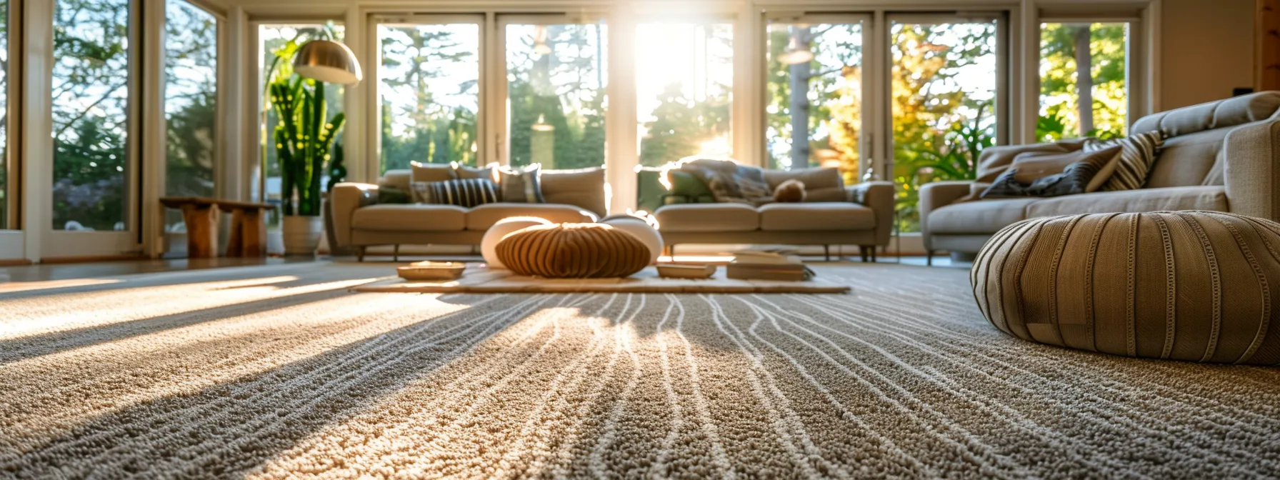 a pristine, well-maintained living room featuring a plush, professionally cleaned carpet, where sunlight streams through a large window illuminating the tips and texture of the fibers, emphasizing the importance of long-term carpet care for homeowners.