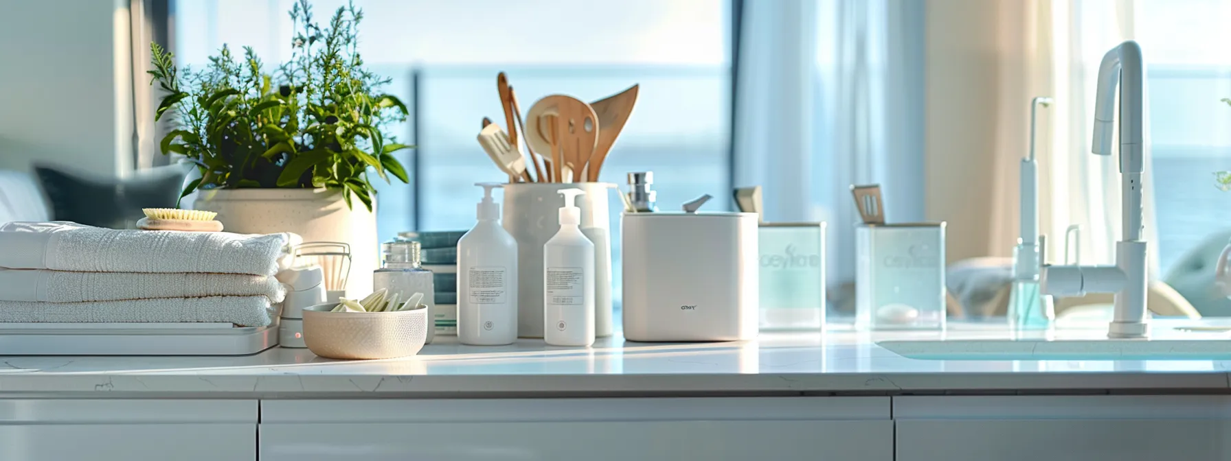 a pristine, well-organized cleaning supply station in a luxurious airbnb kitchen, featuring sleek containers filled with eco-friendly cleaning solutions, high-quality microfiber cloths, and cutting-edge equipment, all set against a backdrop of bright, modern interiors that exude a boutique coastal vibe.