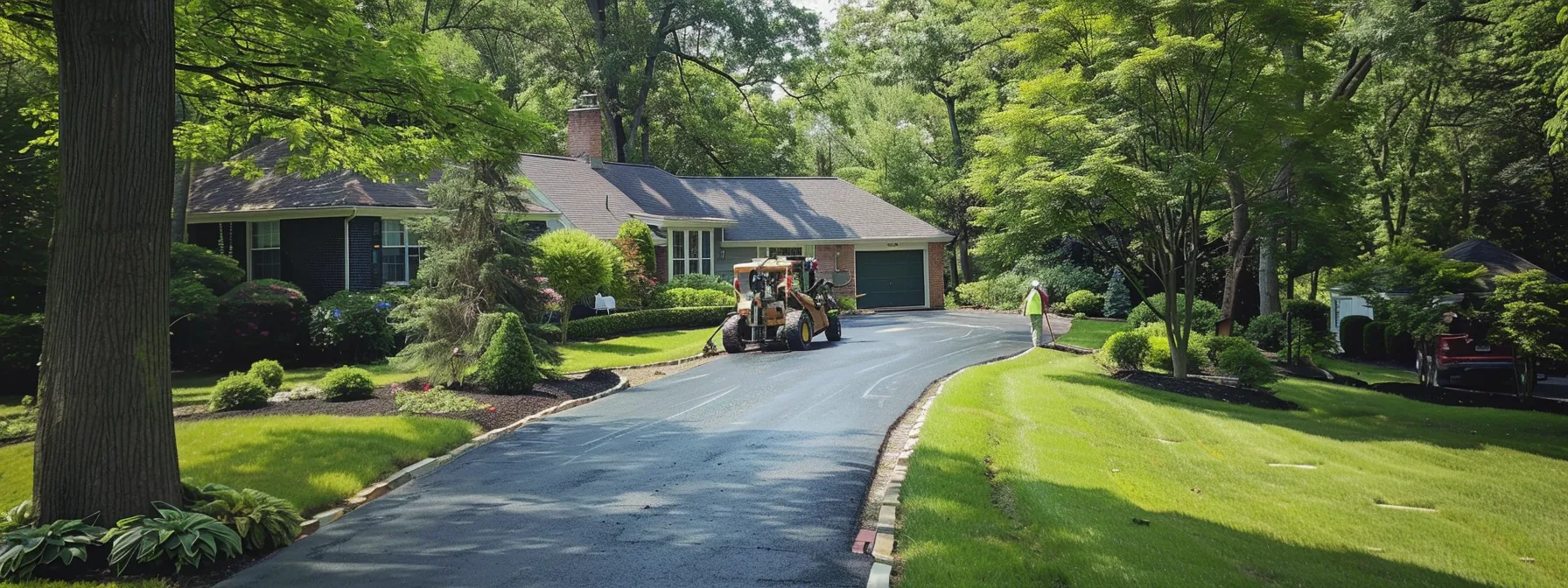 a professional-grade image captures a modern urban paving company at work, showcasing workers efficiently applying a sleek asphalt resurfacing technique on a well-maintained driveway, with clear demonstration of cost-effective paving solutions in a clean, organized workspace.