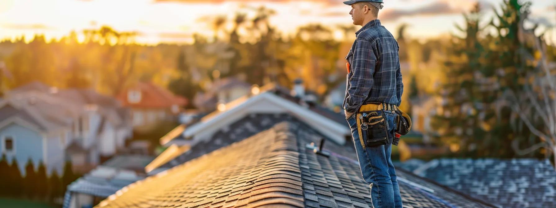 a professional-looking local roof repair specialist stands confidently on the roof of a suburban home, surrounded by quality materials and tools, as he inspects the shingles under bright overhead office-like lighting, emphasizing expertise and cost-effective service for homeowners. a professional-looking local roof repair specialist stands confidently on the roof of a suburban home, surrounded by quality materials and tools, as he inspects the shingles under bright overhead office-like lighting, emphasizing expertise and cost-effective service for homeowners.