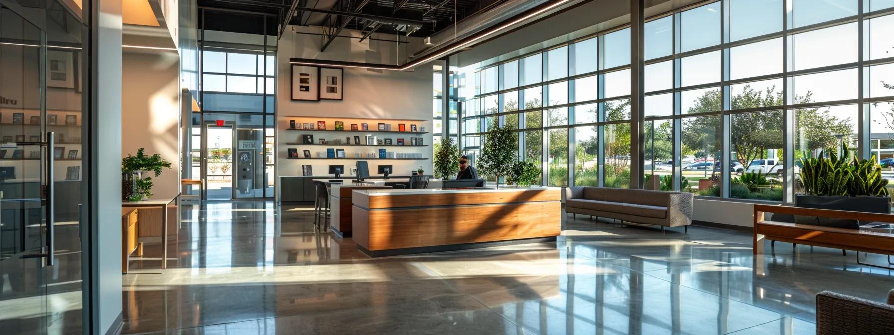 a professional and modern office space in allen, tx, featuring a sleek display of various window styles and materials, adjacent to a table where a contractor is engaging with clients, surrounded by framed positive reviews and a digital device showcasing project portfolios. a professional and modern office space in allen, tx, featuring a sleek display of various window styles and materials, adjacent to a table where a contractor is engaging with clients, surrounded by framed positive reviews and a digital device showcasing project portfolios.