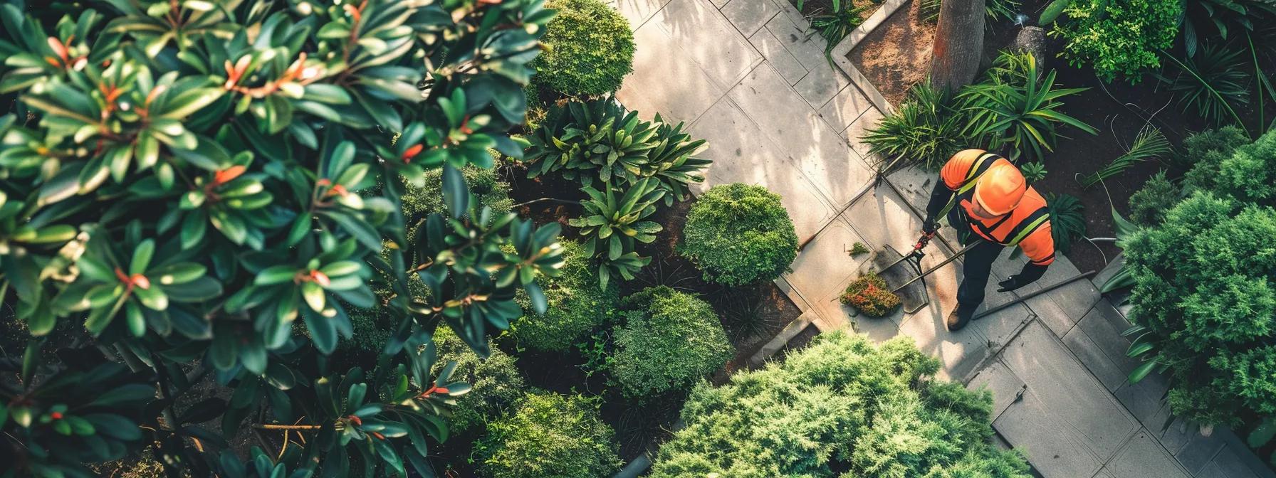 a professional arborist in safety gear meticulously assesses and trims a tree in a well-organized urban garden, surrounded by neatly arranged tools and clear barriers to protect nearby plants, highlighting the importance of expert tree care.