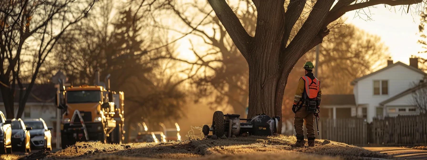 a professional arborist in safety gear evaluates a towering tree with advanced equipment like a hydraulic stump grinder and high-reach truck visibly in the background, set against a clean, organized urban landscape in st. cloud, mn.