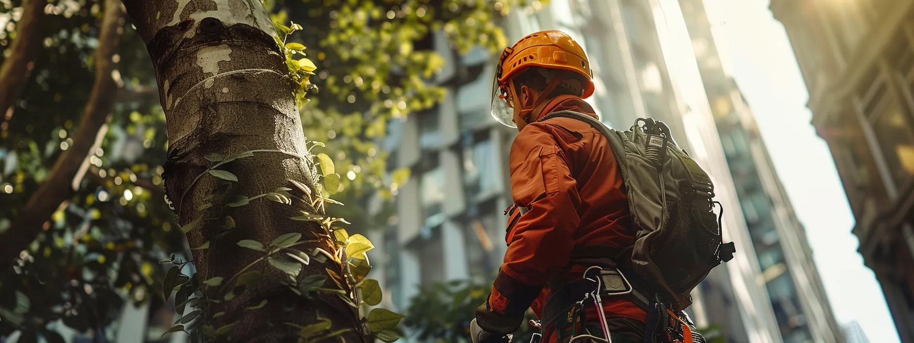 a professional arborist in safety gear meticulously inspects a towering tree in an urban environment, surrounded by specialized equipment and clear signage highlighting certified tree removal practices, emphasizing safety and quality assurance. a professional arborist in safety gear meticulously inspects a towering tree in an urban environment, surrounded by specialized equipment and clear signage highlighting certified tree removal practices, emphasizing safety and quality assurance.