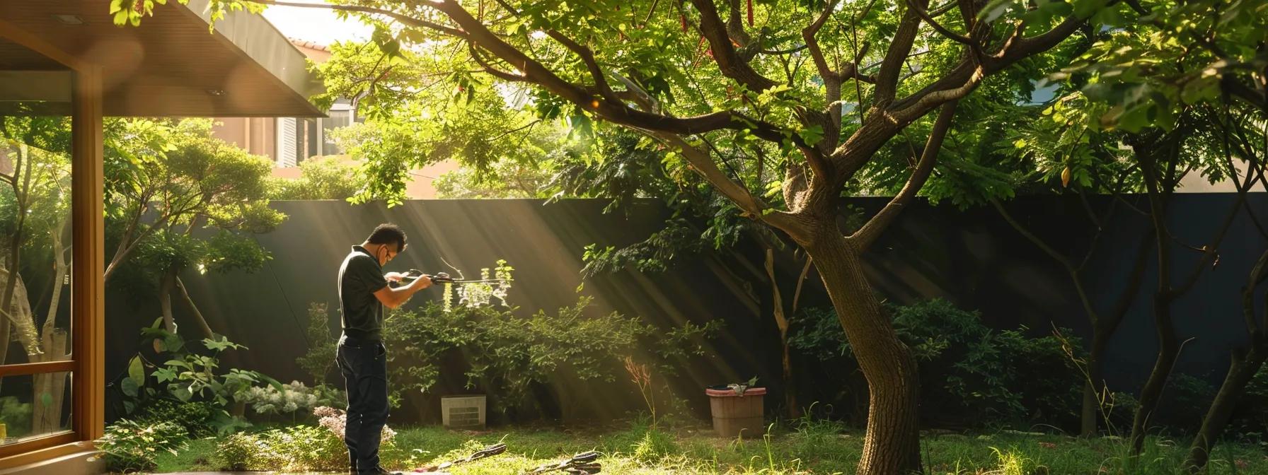 a professional arborist inspects a freshly trimmed tree in a clean urban garden, showcasing the balanced canopy and absence of debris, with tools neatly arranged nearby to highlight the meticulousness of the trimming process.