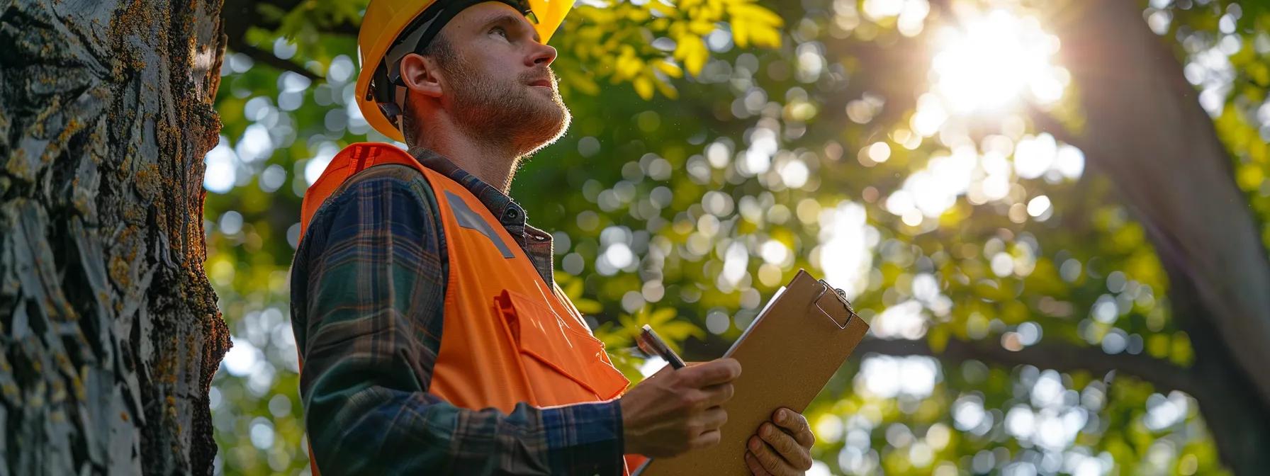 a professional arborist inspects a healthy tree in an urban park setting, equipped with specialized tools and a clipboard, showcasing the importance of ongoing tree care and nutrient management for long-term vitality.