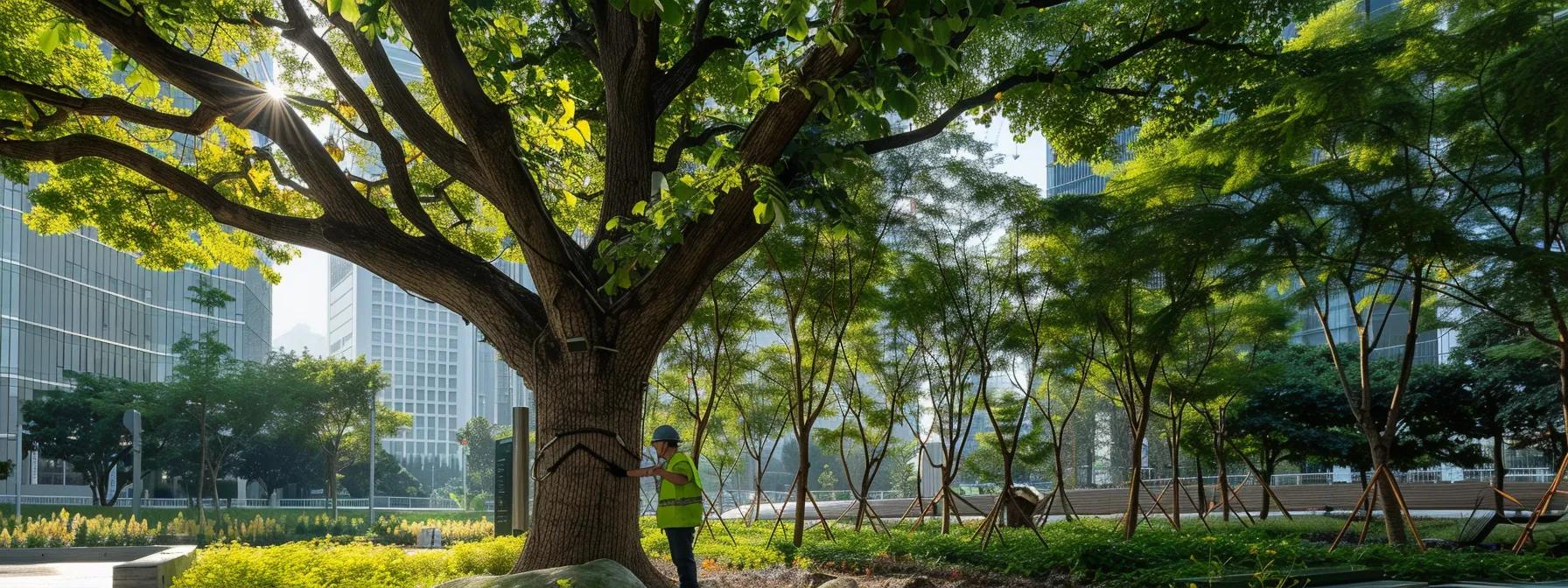 a professional arborist meticulously inspects the health of a robust tree in a modern urban park, surrounded by tools of the trade and an informative guide, emphasizing expert tree care practices.
