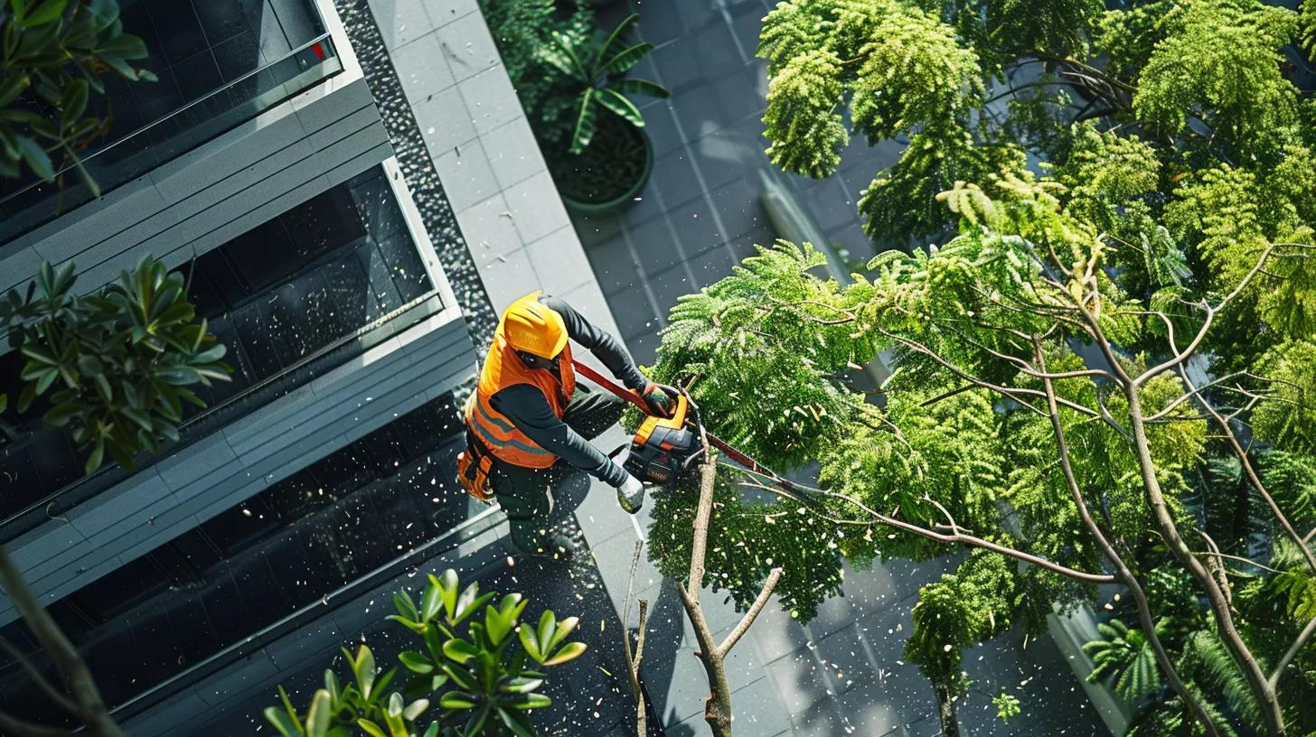 a professional arborist skillfully uses a chainsaw to trim overhanging tree branches around a modern urban rooftop, creating a clear contrast between the lush greenery and the sleek architecture, while emphasizing the importance of roof maintenance and storm preparation.