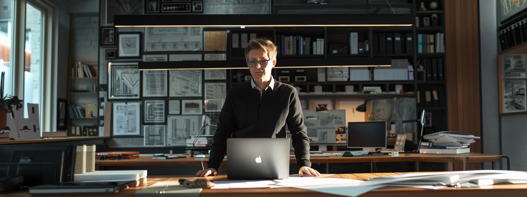 a professional architect stands in a modern office, engaged in a video call on a sleek laptop, surrounded by architectural blueprints and design materials, with a focused expression indicating the importance of nurturing professional relationships.