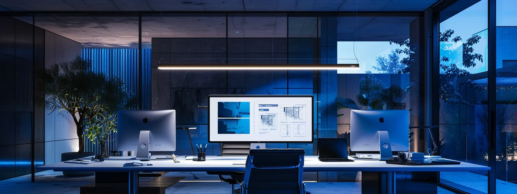 a professional architect's modern office, illuminated by sleek pendant lighting, features a large monitor displaying an optimized linkedin profile while a wall adorned with architectural blueprints inspires engaged discussions over networking strategies.