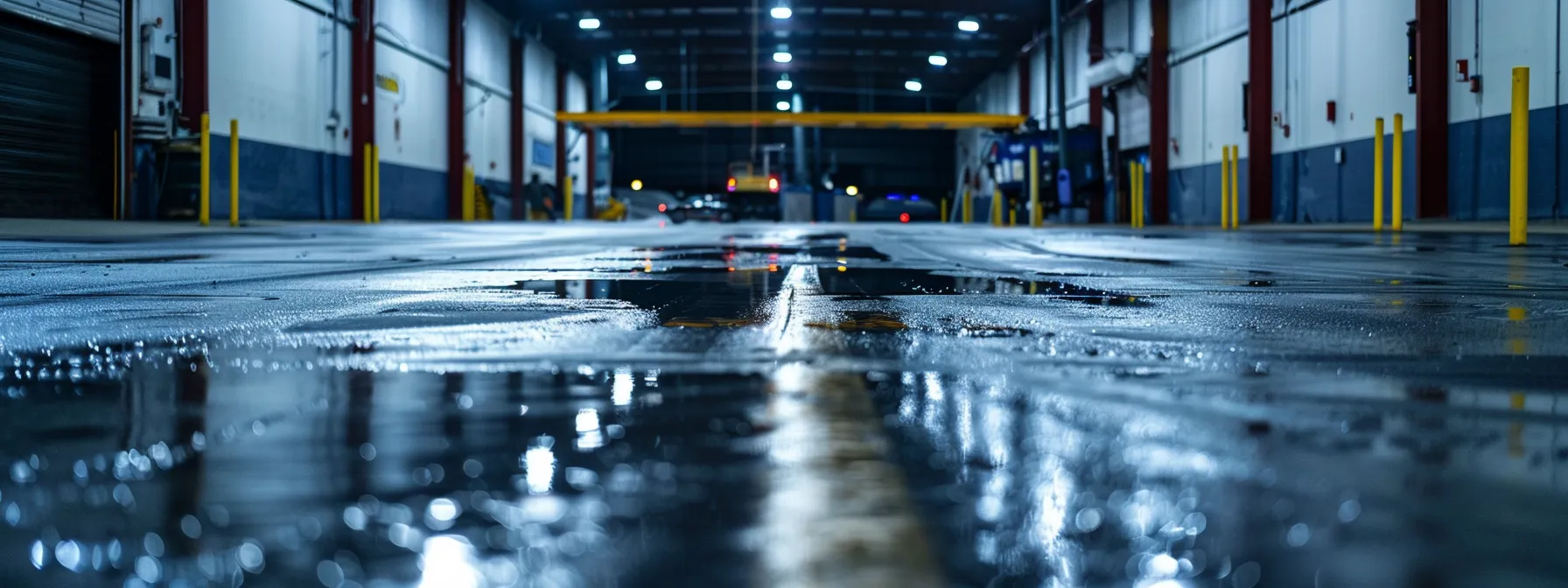 a professional asphalt contractor applies a glossy sealant to a freshly paved parking lot, showcasing the meticulous process and rich, dark texture of the seal coating under the bright overhead lights of a commercial setting.