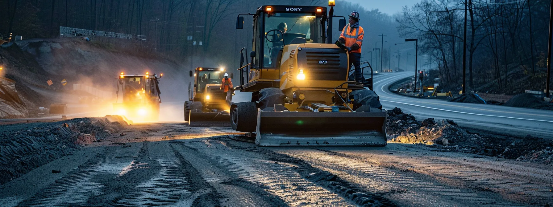 a professional asphalt grading crew meticulously operates advanced machinery on a freshly excavated urban site in west virginia, showcasing precision and expertise in creating a flawless pavement surface under bright artificial lighting.