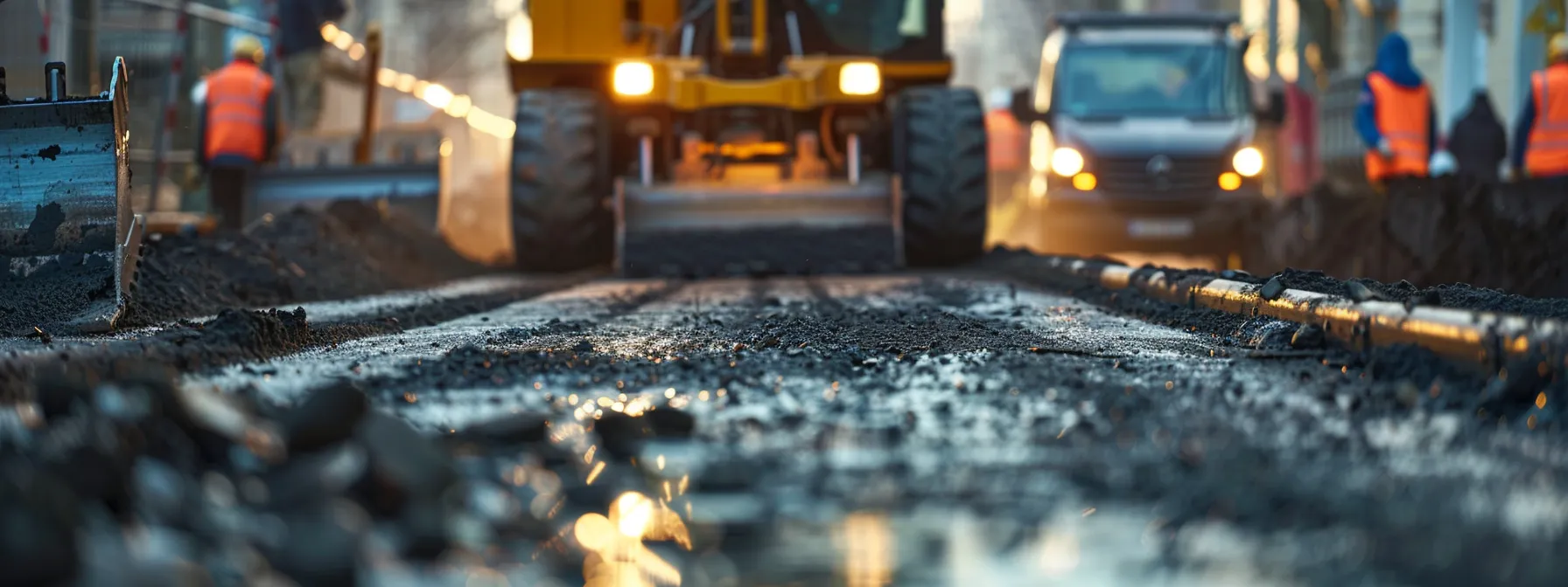 a professional asphalt grading crew meticulously analyzes soil composition and climate conditions in an urban construction setting, showcasing heavy machinery and precise measuring tools to emphasize the importance of quality pavement solutions.