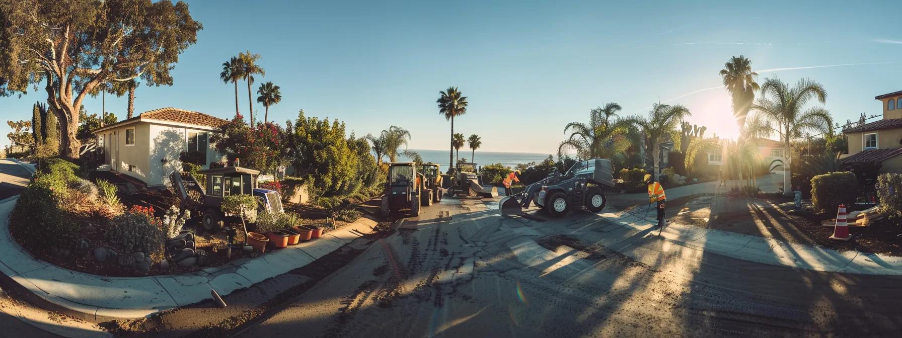 a professional asphalt installation crew works meticulously on a san diego driveway, showcasing the layered process of site preparation, with heavy machinery and precise tools amidst a clear urban environment.