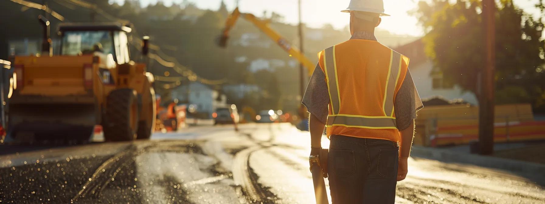 a professional asphalt paving contractor confidently inspects a freshly laid, glistening black asphalt surface under bright afternoon sunlight, with construction tools and equipment subtly arranged in the background.