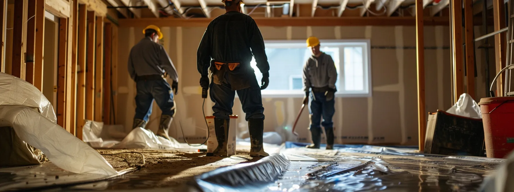 a professional basement waterproofing process unfolds in a well-lit residential space, showcasing contractors in safety gear meticulously applying waterproofing membranes and sealing concrete cracks, with a sump pump ready for installation amidst clean, exposed surfaces. a professional basement waterproofing process unfolds in a well-lit residential space, showcasing contractors in safety gear meticulously applying waterproofing membranes and sealing concrete cracks, with a sump pump ready for installation amidst clean, exposed surfaces.