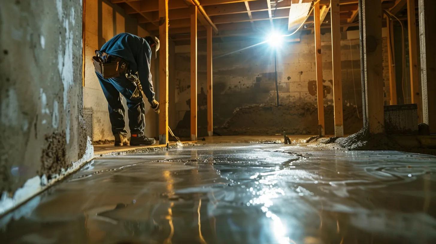 a professional basement waterproofing scene captures a well-lit residential basement with exposed concrete walls, where a contractor applies hydraulic cement to seal cracks while another installs a french drain, emphasizing prompt action for effective leak repairs. a professional basement waterproofing scene captures a well-lit residential basement with exposed concrete walls, where a contractor applies hydraulic cement to seal cracks while another installs a french drain, emphasizing prompt action for effective leak repairs.