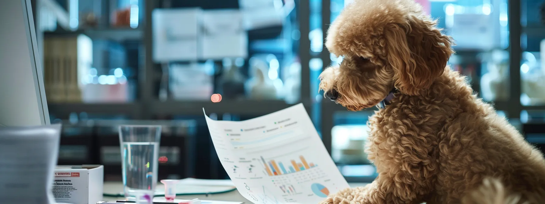 a professional breeder carefully examines a goldendoodle's genetic test results in a sleek, modern office setting, surrounded by informative charts and diagrams that highlight essential health markers.
