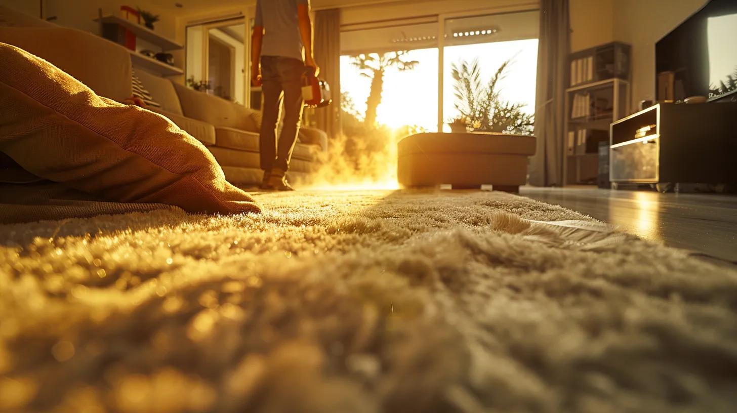 a professional carpet cleaning technician expertly operates a state-of-the-art steam cleaning machine in a pristine, modern living room, showcasing the transformative results on a once-stained carpet with vivid colors and impeccable hygiene.