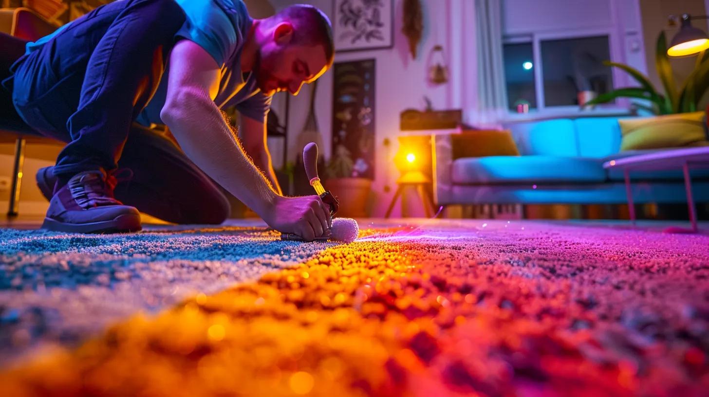 a professional carpet cleaning technician is focused on a vibrant, freshly cleaned living room carpet, showcasing the impressive results of hot water extraction, with bright colors and a spotless surface that enhances the modern decor of the contemporary indoor space.