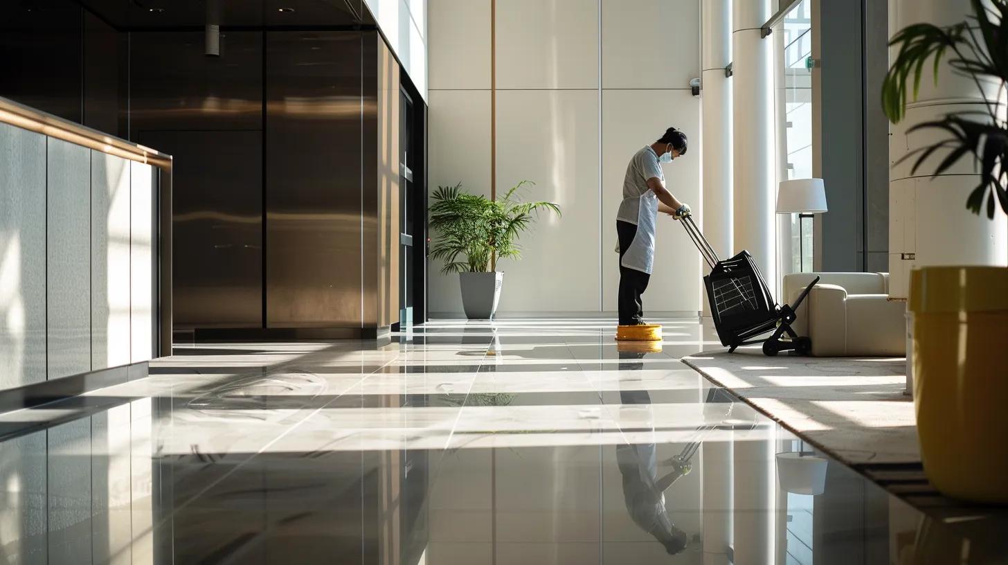 a professional cleaner deftly operates specialized equipment in a sleek, modern office environment, showcasing the meticulous attention to detail and expert efficiency that elevate cleaning services to a smart solution for maintaining impeccable spaces.
