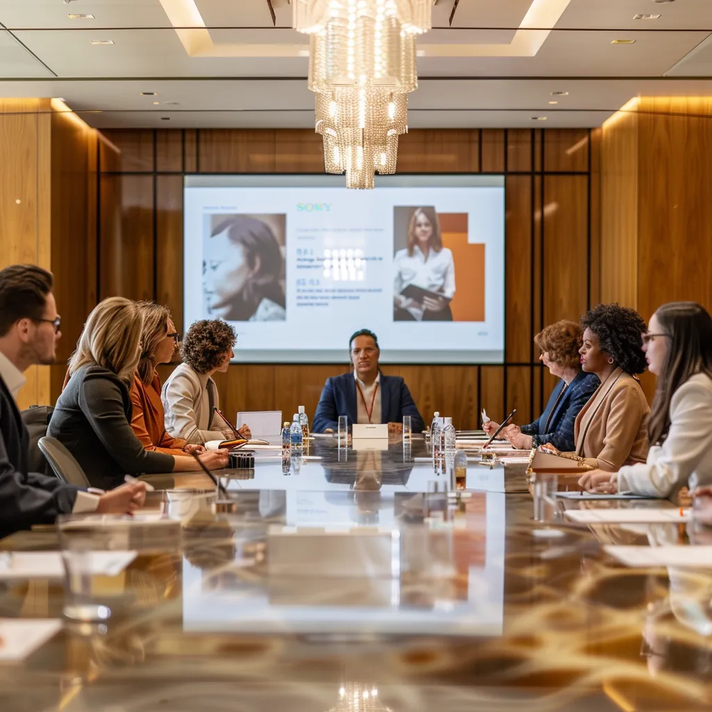 a professional conference room setting features a diverse group of individuals engaging in a focused discussion around a large table, with a prominently displayed agenda on a digital screen emphasizing the importance of mental health support group licensing.