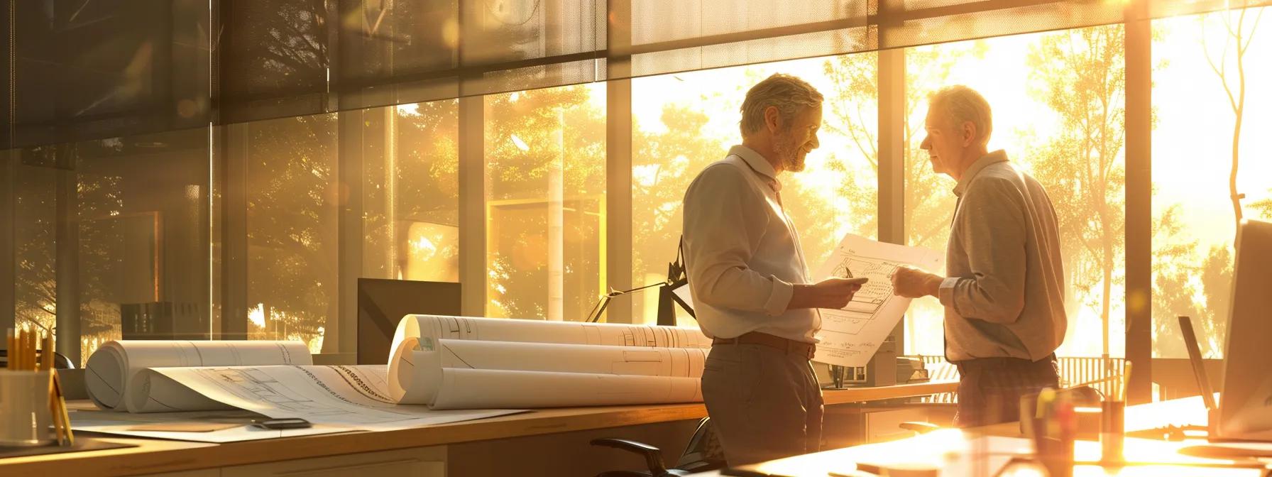 a professional construction office setting is depicted, showcasing an architect and a contractor animatedly reviewing detailed blueprints and regulatory documents for a retaining wall project, illuminated by bright overhead lighting that emphasizes the seriousness of compliance and planning.