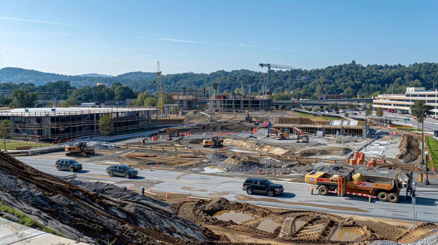 a professional construction site in knoxville, bustling with workers in safety gear attentively monitoring quality control processes, surrounded by scaffolding and modern machinery under a clear sky. a professional construction site in knoxville, bustling with workers in safety gear attentively monitoring quality control processes, surrounded by scaffolding and modern machinery under a clear sky.