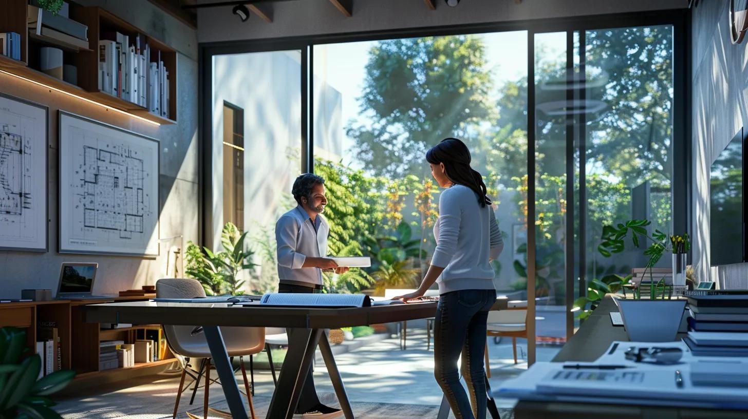a professional consultant engages with a homeowner in a sleek, modern office setting, surrounded by blueprints and digital devices, as they discuss transparent communication and personalized guidance for a roofing project. a professional consultant engages with a homeowner in a sleek, modern office setting, surrounded by blueprints and digital devices, as they discuss transparent communication and personalized guidance for a roofing project.