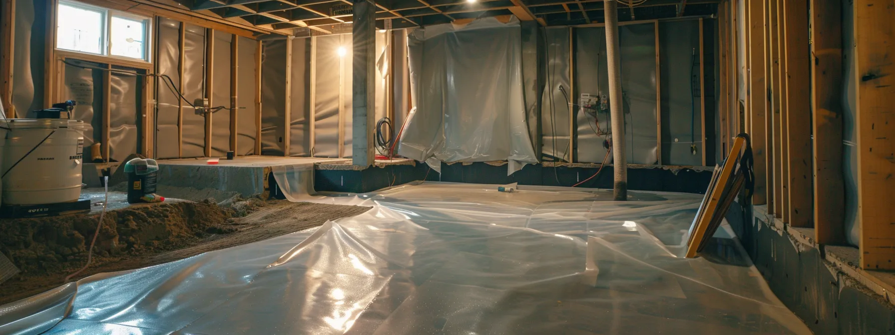 a professional contractor applies waterproofing membranes in a well-lit basement with exposed concrete walls, showcasing an organized workspace where hydraulic cement seals cracks and a french drain is being installed beside a ready-to-use sump pump. a professional contractor applies waterproofing membranes in a well-lit basement with exposed concrete walls, showcasing an organized workspace where hydraulic cement seals cracks and a french drain is being installed beside a ready-to-use sump pump.