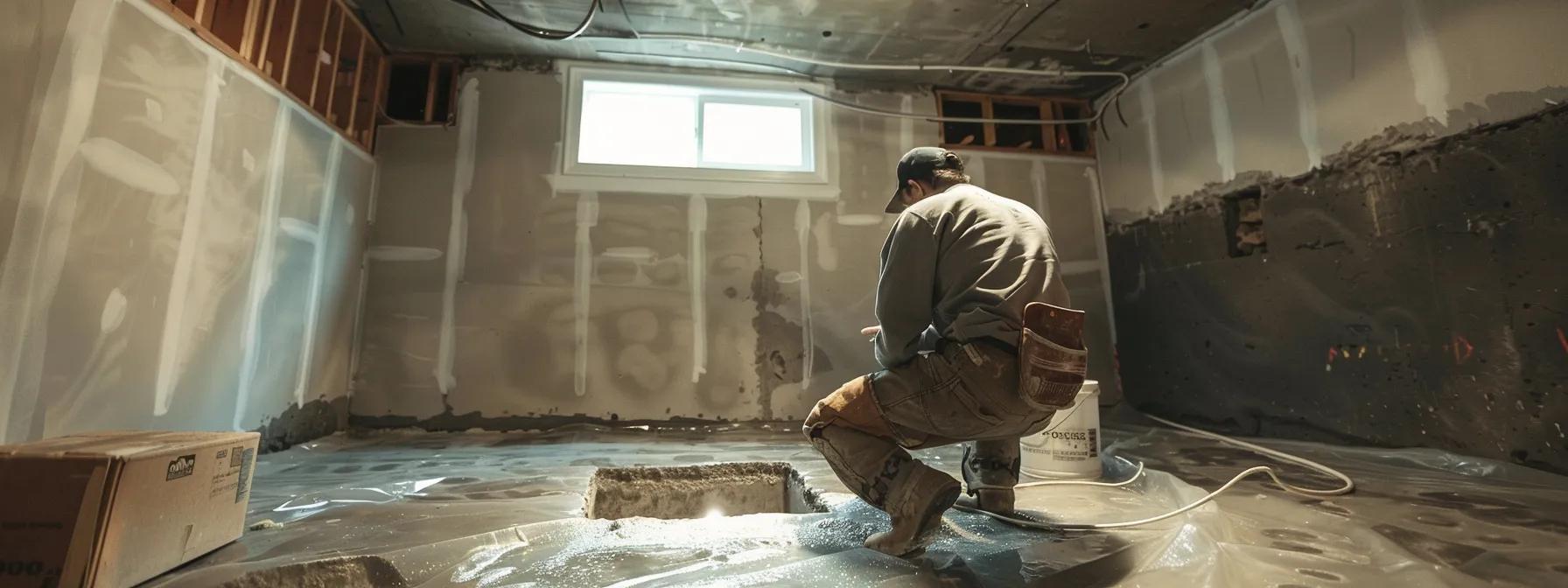 a professional contractor applies waterproofing membranes to exposed concrete walls in a well-lit basement, as another installs a french drain, showcasing effective, budget-friendly moisture control techniques in a clean, organized space. a professional contractor applies waterproofing membranes to exposed concrete walls in a well-lit basement, as another installs a french drain, showcasing effective, budget-friendly moisture control techniques in a clean, organized space.