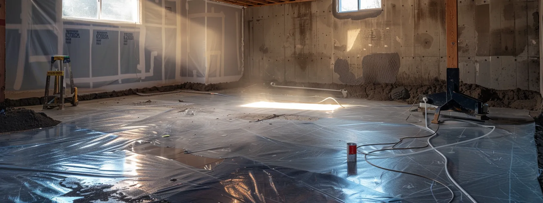 a professional contractor applies waterproofing membranes to exposed concrete walls in a well-lit basement, as another prepares to install a french drain, embodying the essence of effective basement waterproofing solutions. a professional contractor applies waterproofing membranes to exposed concrete walls in a well-lit basement, as another prepares to install a french drain, embodying the essence of effective basement waterproofing solutions.