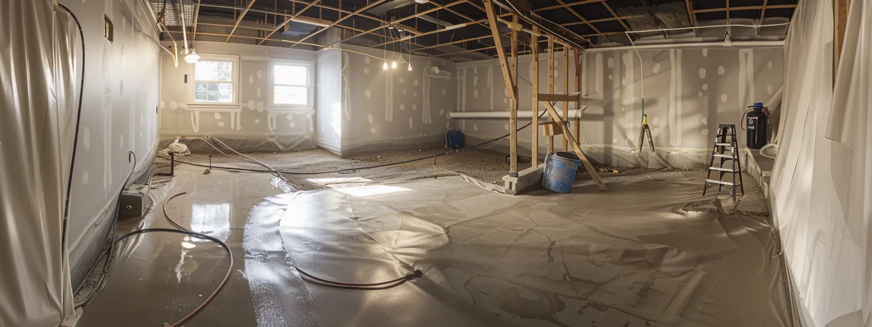 a professional contractor applies waterproofing membrane to exposed concrete walls in a bright, pristine basement, showcasing safety gear and a newly installed french drain alongside a ready-to-install sump pump in the corner. a professional contractor applies waterproofing membrane to exposed concrete walls in a bright, pristine basement, showcasing safety gear and a newly installed french drain alongside a ready-to-install sump pump in the corner.