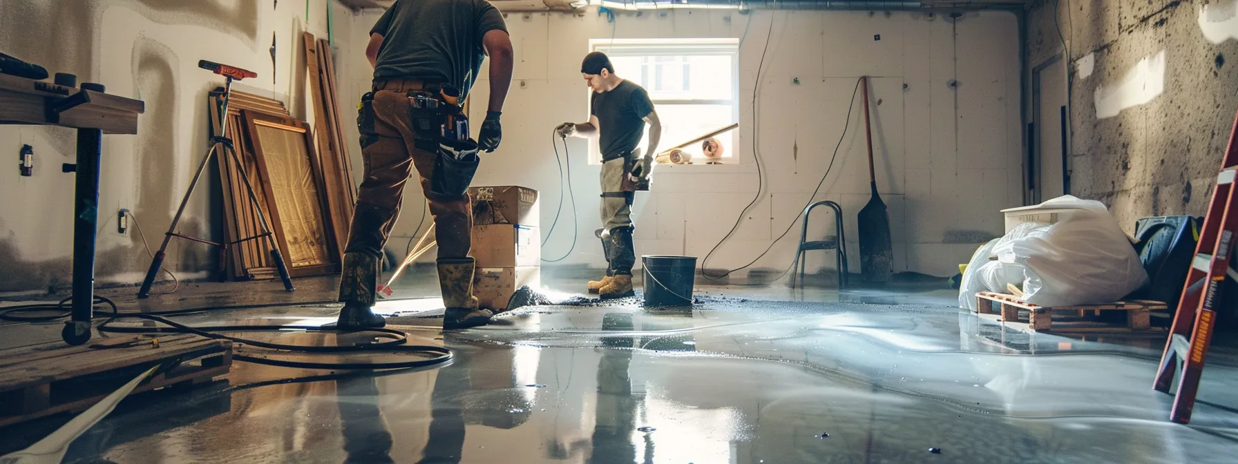a professional contractor applies waterproofing membranes to exposed concrete walls in a well-lit residential basement, while another installs a french drain, creating a clean and organized workspace focused on effective water management. a professional contractor applies waterproofing membranes to exposed concrete walls in a well-lit residential basement, while another installs a french drain, creating a clean and organized workspace focused on effective water management.