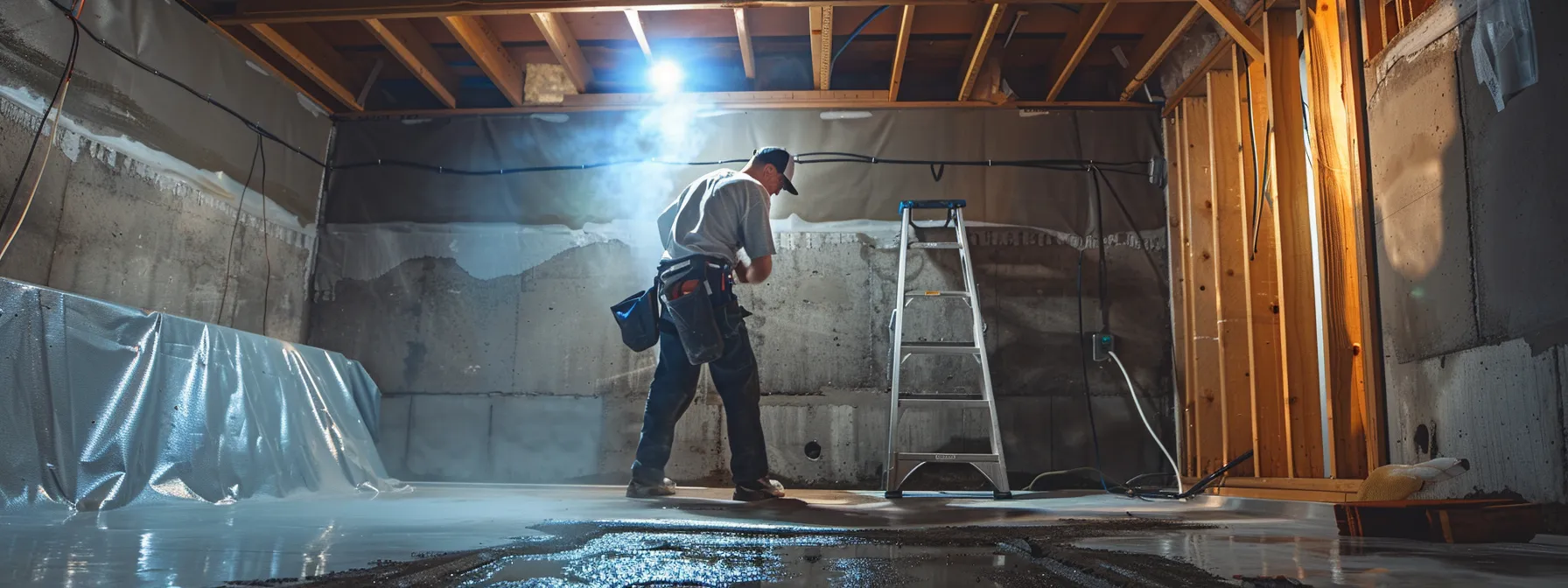 a professional contractor applies waterproofing membranes to exposed concrete walls in a well-lit basement, where a sump pump and french drain are strategically positioned, highlighting the meticulous waterproofing process in progress. a professional contractor applies waterproofing membranes to exposed concrete walls in a well-lit basement, where a sump pump and french drain are strategically positioned, highlighting the meticulous waterproofing process in progress.