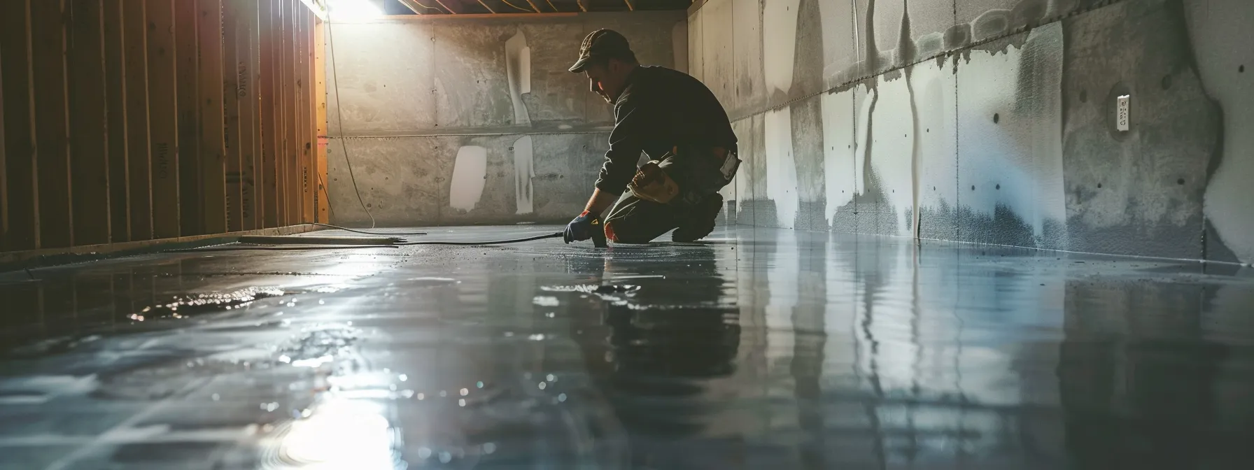 a professional contractor applies waterproofing membranes in a bright, clean basement with exposed concrete walls, showcasing the meticulous sealing of cracks and installation of a french drain, symbolizing the importance of quality waterproofing solutions and reliable warranties. a professional contractor applies waterproofing membranes in a bright, clean basement with exposed concrete walls, showcasing the meticulous sealing of cracks and installation of a french drain, symbolizing the importance of quality waterproofing solutions and reliable warranties.