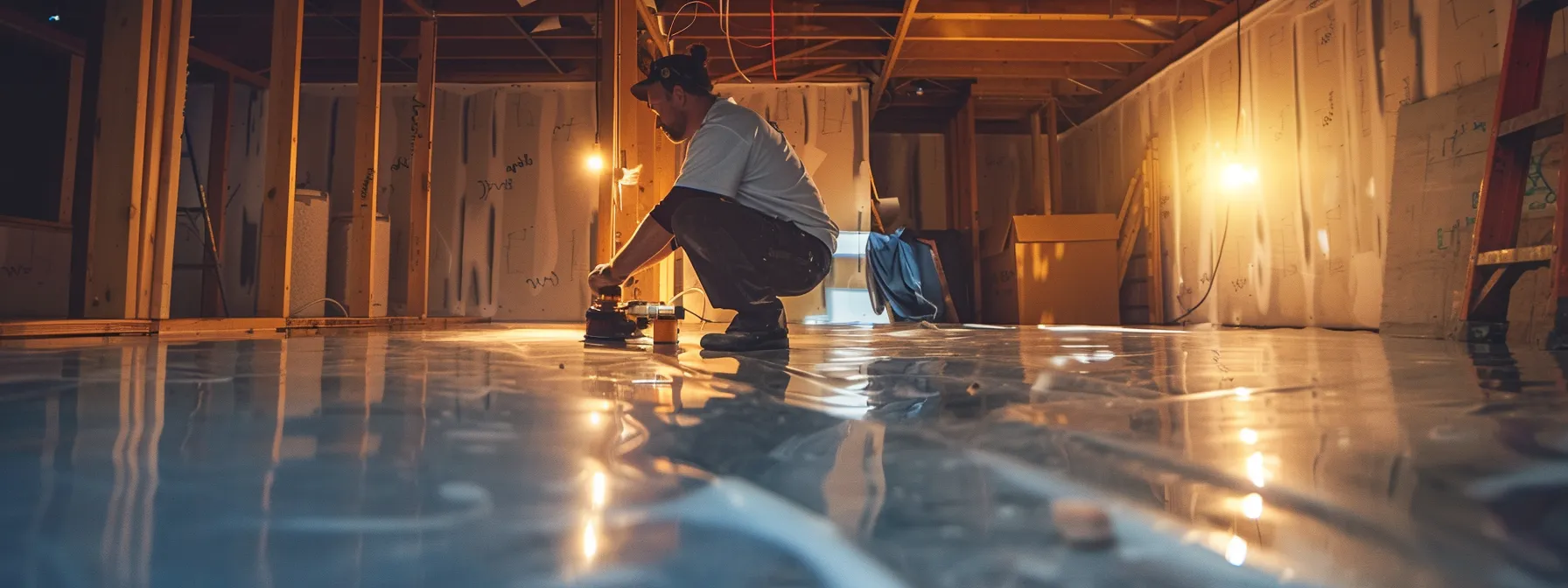a professional contractor applies a waterproofing membrane to exposed concrete walls in a well-lit basement, while a sump pump and french drain installation are in progress, showcasing a clean and efficient waterproofing process. a professional contractor applies a waterproofing membrane to exposed concrete walls in a well-lit basement, while a sump pump and french drain installation are in progress, showcasing a clean and efficient waterproofing process.