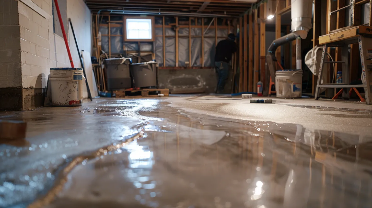 a professional contractor applies waterproofing membranes in a well-lit basement with exposed concrete walls, showcasing a meticulously organized workspace as hydraulic cement is used to seal cracks and a french drain is installed, highlighting the importance of safeguarding homes against wilmington's climate challenges. a professional contractor applies waterproofing membranes in a well-lit basement with exposed concrete walls, showcasing a meticulously organized workspace as hydraulic cement is used to seal cracks and a french drain is installed, highlighting the importance of safeguarding homes against wilmington's climate challenges.
