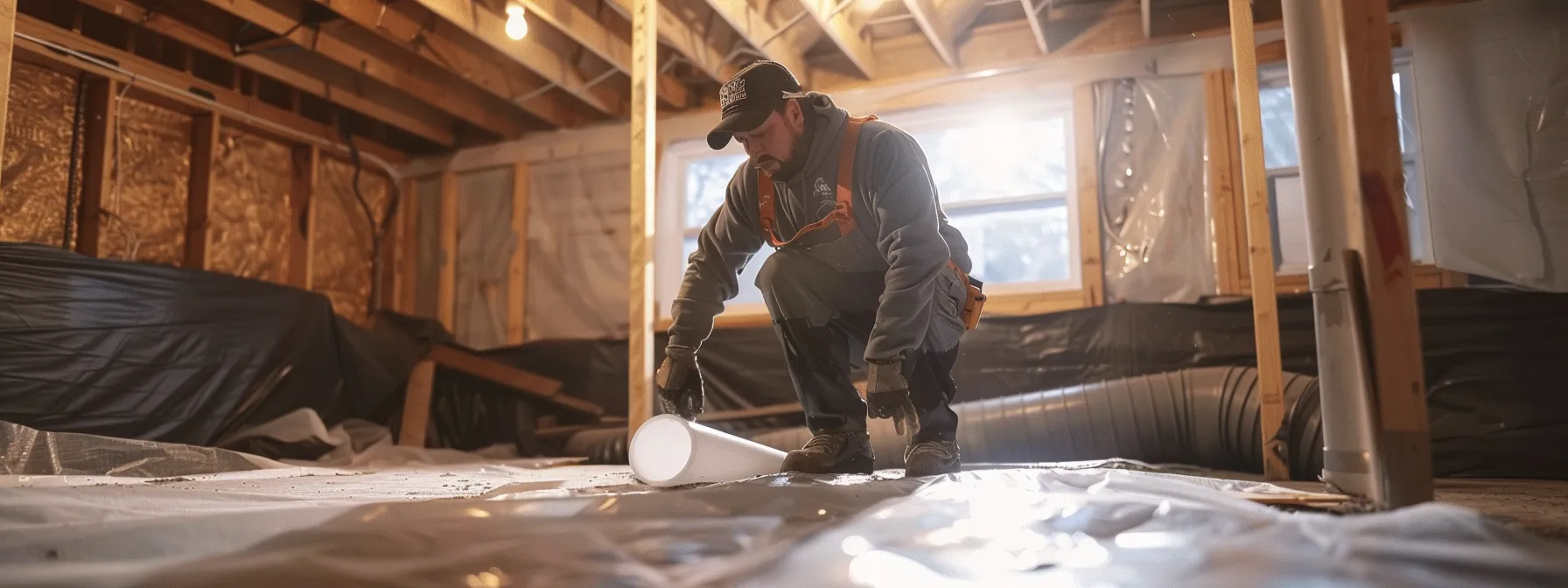 a professional contractor, clad in safety gear, applies a waterproofing membrane to exposed concrete walls in a well-lit basement, while another prepares to install a french drain and a sump pump in the clean, organized workspace. a professional contractor, clad in safety gear, applies a waterproofing membrane to exposed concrete walls in a well-lit basement, while another prepares to install a french drain and a sump pump in the clean, organized workspace.
