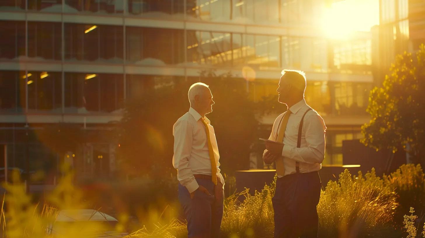 a professional contractor, confidently discussing plans with a client in front of a well-structured commercial building, bathed in warm sunlight that highlights its modern architecture. a professional contractor, confidently discussing plans with a client in front of a well-structured commercial building, bathed in warm sunlight that highlights its modern architecture.