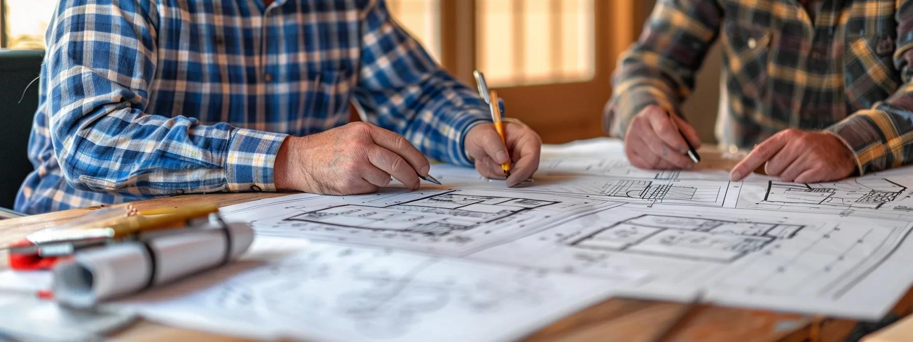 a professional contractor discusses detailed cost estimates with a client at a modern office meeting table, surrounded by architectural plans and project diagrams, emphasizing clear communication and strategic planning for a retaining wall project.
