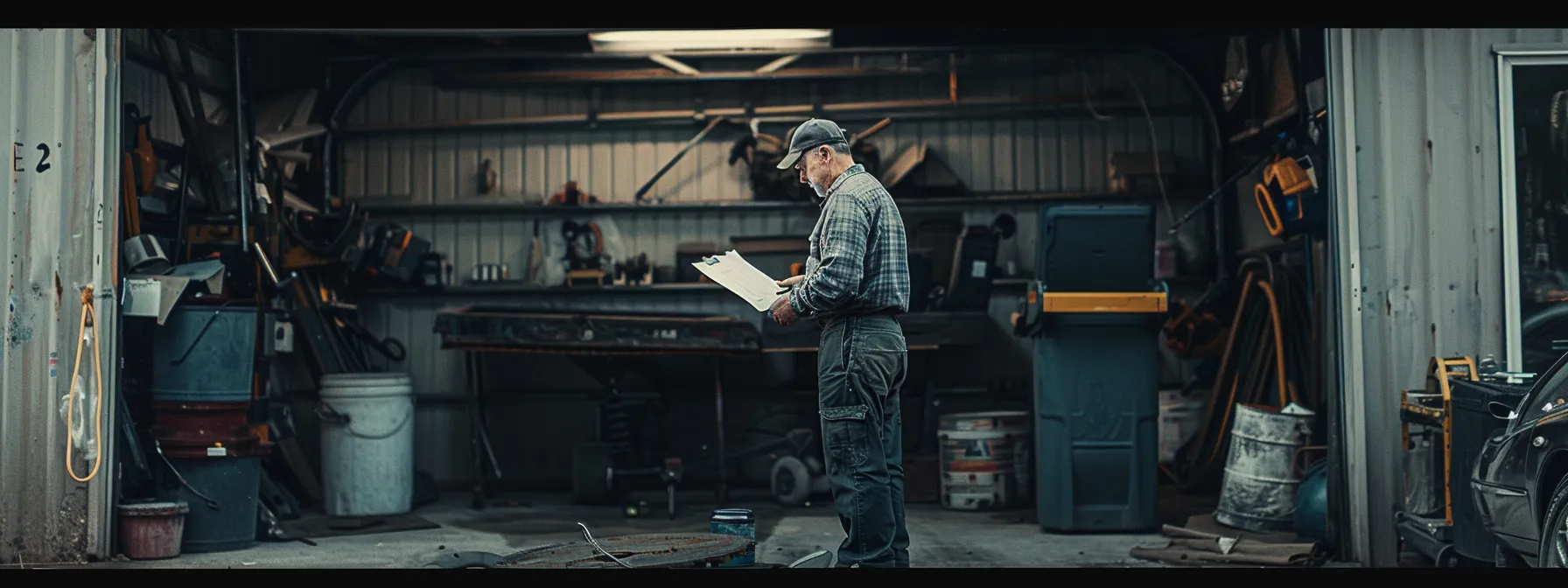 a professional contractor, equipped with a clipboard, inspects the weathered structure of a garage in a well-organized urban setting, ensuring all elements like roofing and materials are meticulously evaluated for an efficient demolition process.
