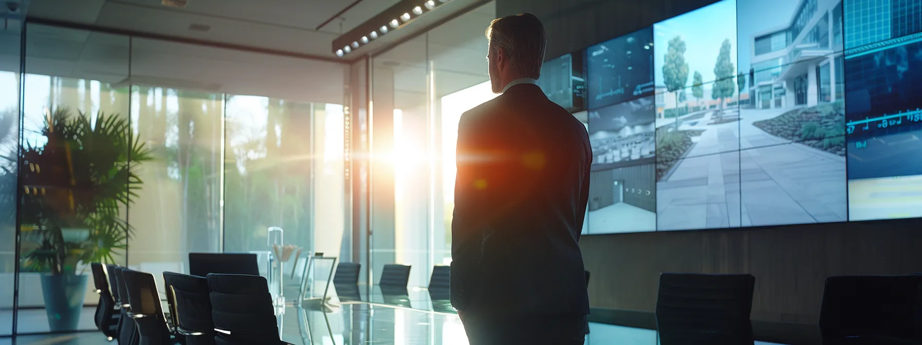 a professional contractor in a sharp suit examines a detailed asphalt paving proposal in a modern conference room, surrounded by blueprints and a large screen showcasing project portfolios, emphasizing the importance of informed decision-making for hoa communities in san diego.