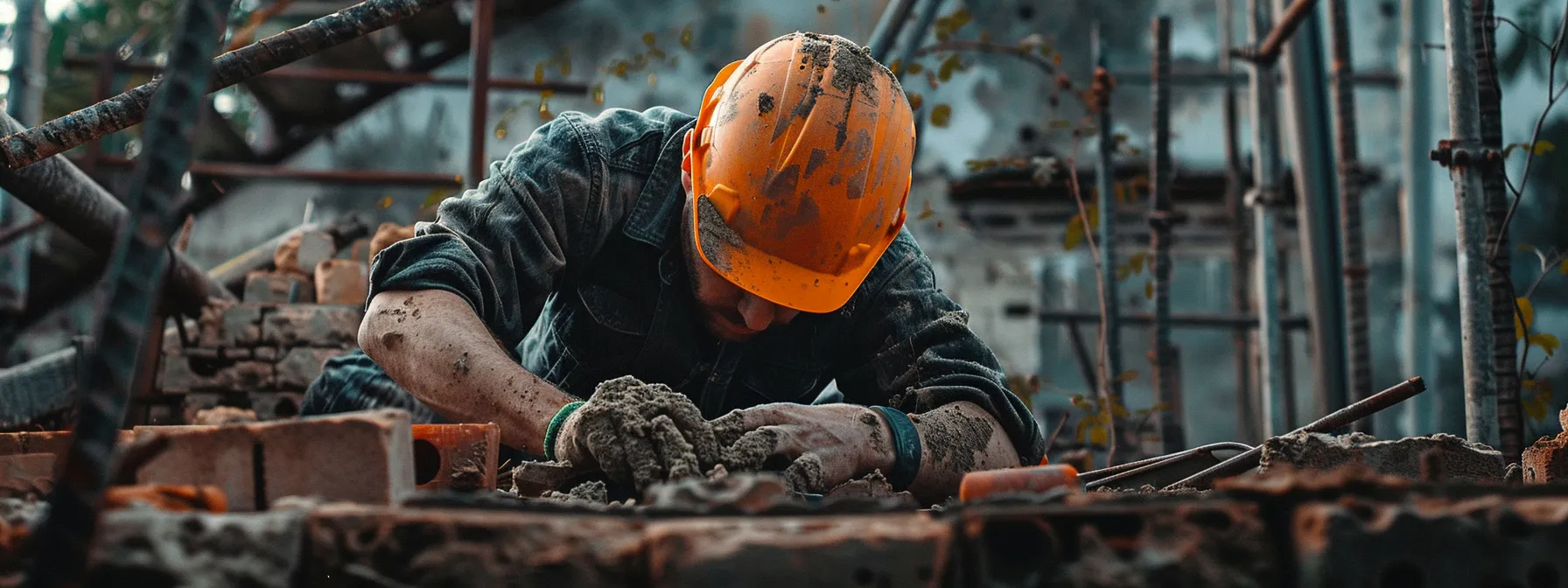 a professional contractor in a hard hat meticulously restoring aged brickwork, surrounded by newly mixed mortar and repair tools, captured in warm, natural lighting that highlights the textures and colors of the bricks.